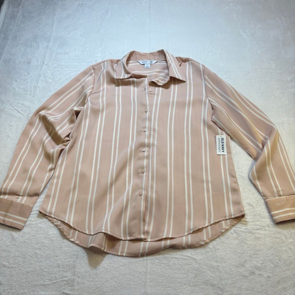 Old Navy Womens Medium Striped Button Down Blouse Pink White NWT Classic Shirt